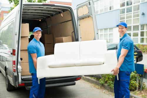 Removal van and packed boxes ready for a flat move in Nottinghill